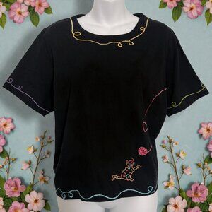 Vintage 90s Michael Simon Lite Black Embroidered Cat Top | Size XL